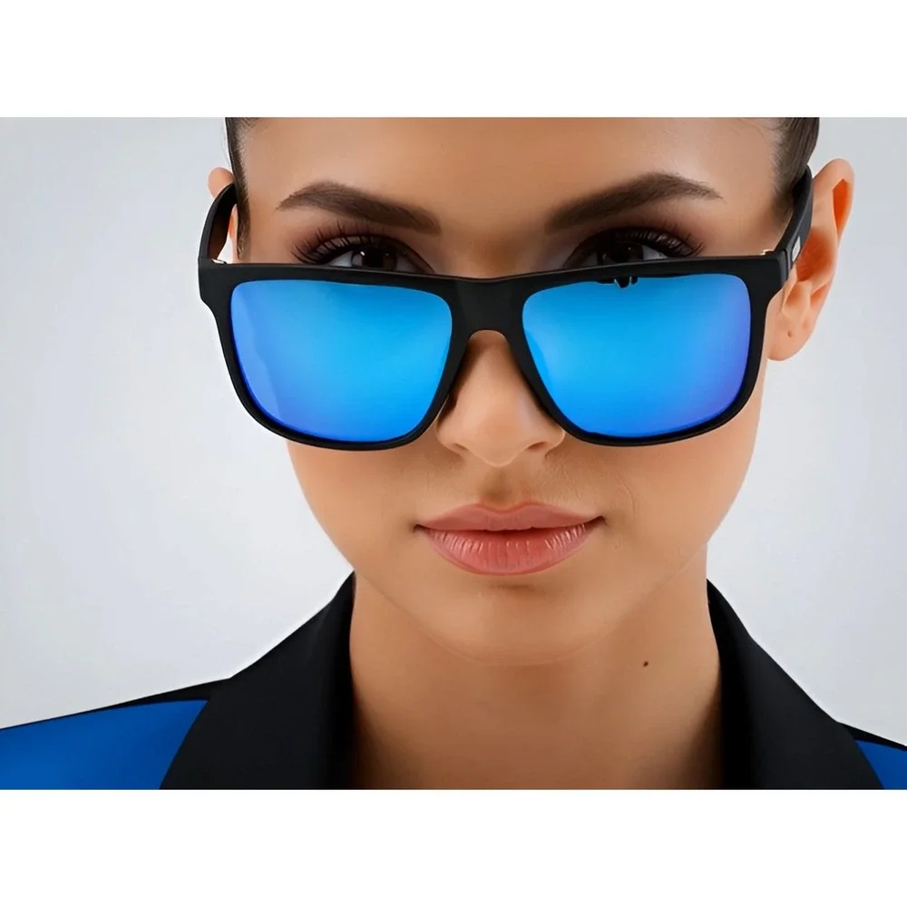 Women Black Frame Blue Mirror Lens Sport Sunglasses UV Protection Polarized Girl